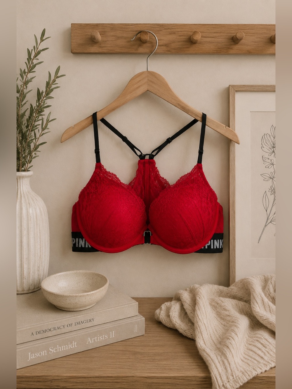PINK Victoria's Secret Red Lace Push-Up Bra with Branded Band